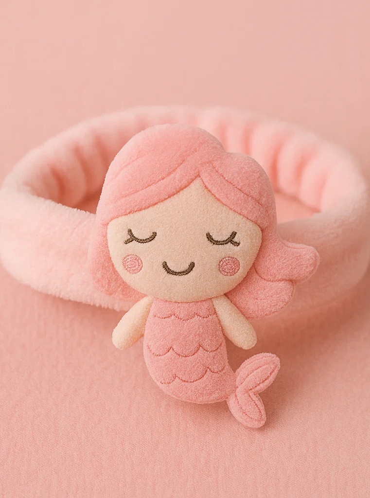 Soft Pink Mermaid Baby Headband with Plush Doll – Sleeping Style